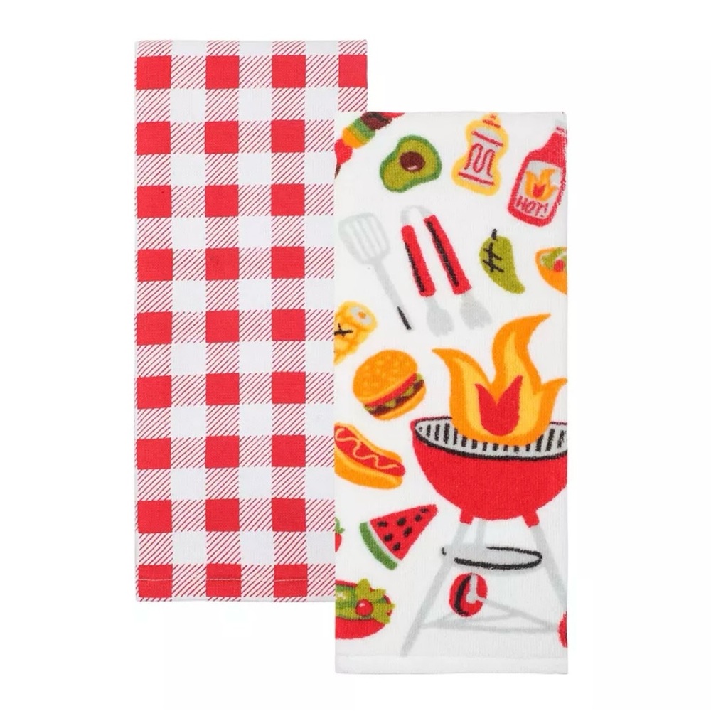 Set of 2 Bbq Grill Kitchen Towels Cookout Foods Burger Hot Dogs Mustard Peppers